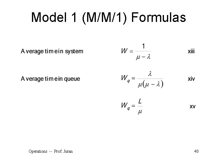 Model 1 (M/M/1) Formulas Operations -- Prof. Juran 40 