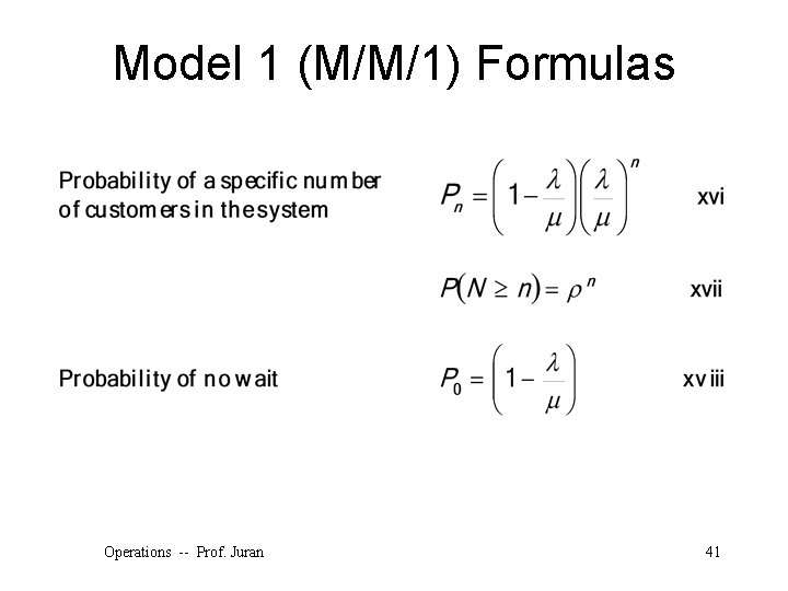 Model 1 (M/M/1) Formulas Operations -- Prof. Juran 41 
