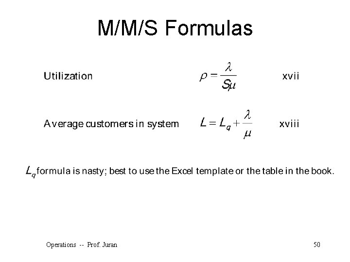 M/M/S Formulas Operations -- Prof. Juran 50 