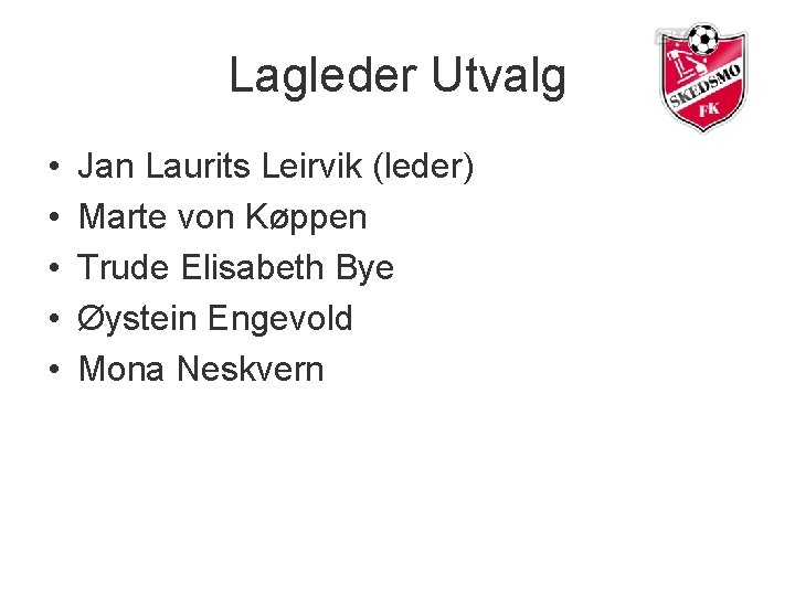 Lagleder Utvalg • • • Jan Laurits Leirvik (leder) Marte von Køppen Trude Elisabeth
