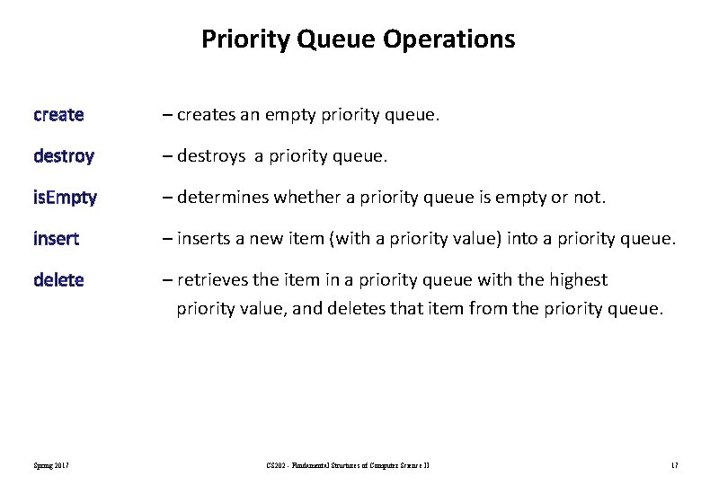 Priority Queue Operations create – creates an empty priority queue. destroy – destroys a