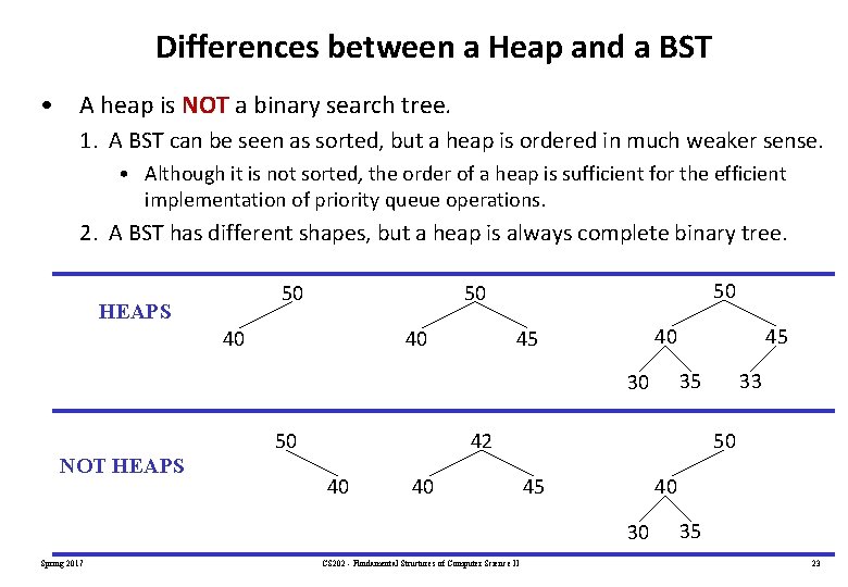 Differences between a Heap and a BST • A heap is NOT a binary