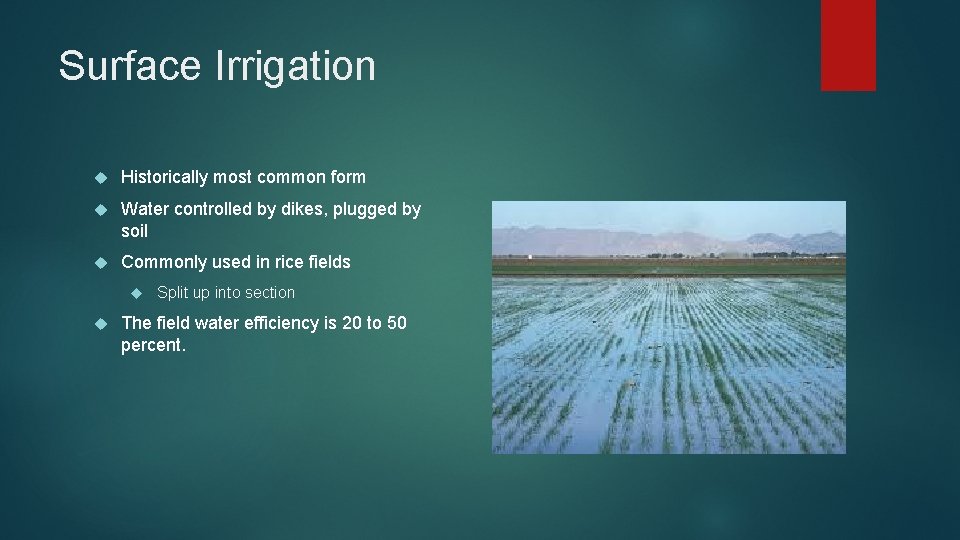 Surface Irrigation Historically most common form Water controlled by dikes, plugged by soil Commonly