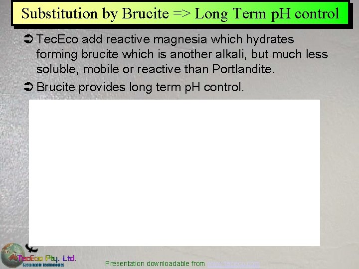 Substitution by Brucite => Long Term p. H control Ü Tec. Eco add reactive