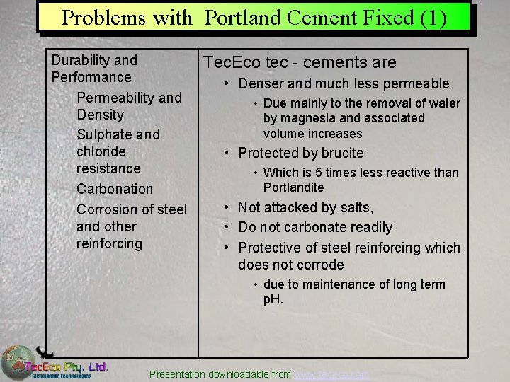 Problems with Portland Cement Fixed (1) Durability and Performance Permeability and Density Sulphate and