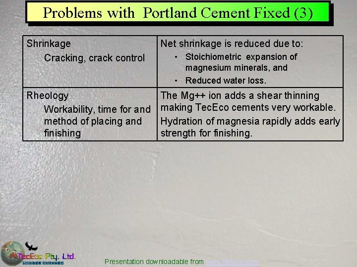 Problems with Portland Cement Fixed (3) Shrinkage Cracking, crack control Net shrinkage is reduced