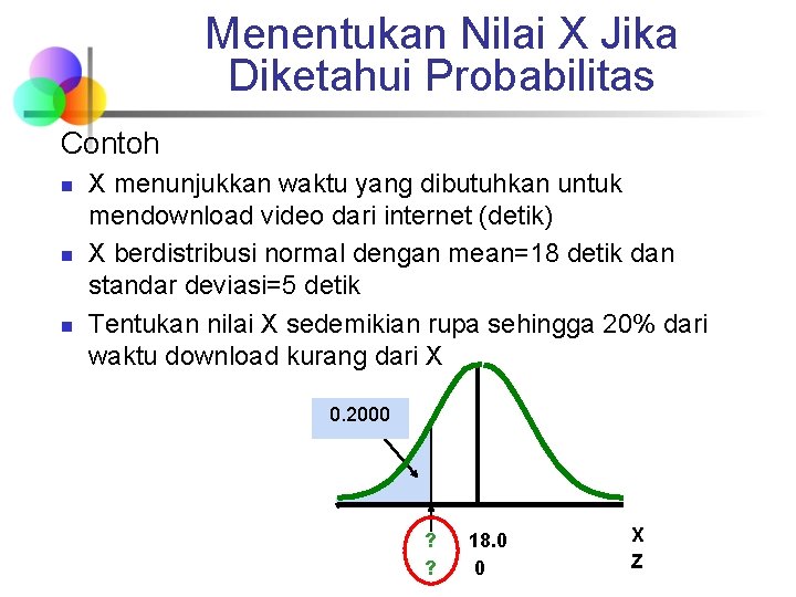 Menentukan Nilai X Jika Diketahui Probabilitas Contoh n n n X menunjukkan waktu yang