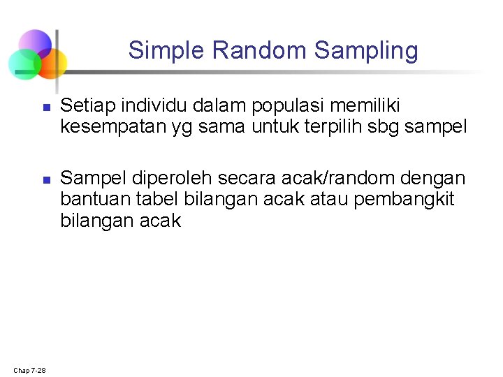 Simple Random Sampling n n Chap 7 -28 Setiap individu dalam populasi memiliki kesempatan