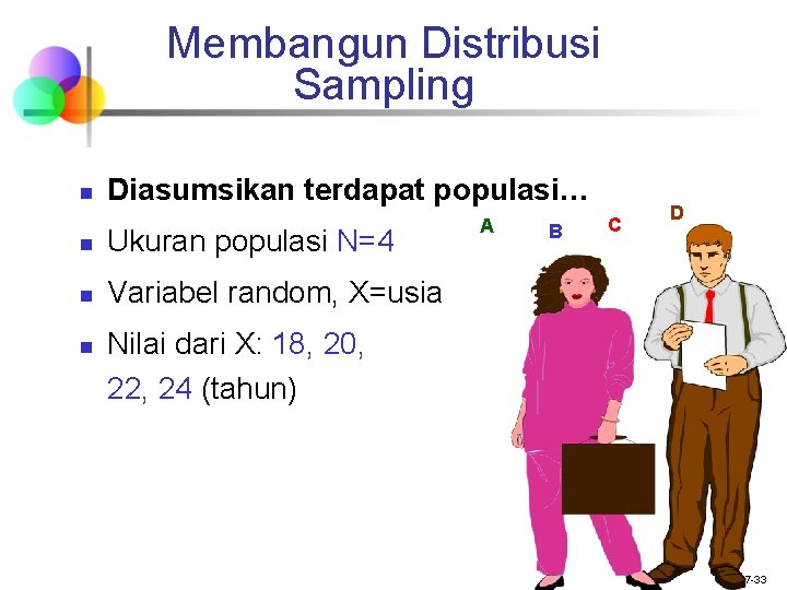 Membangun Distribusi Sampling n Diasumsikan terdapat populasi… n Ukuran populasi N=4 n Variabel random,