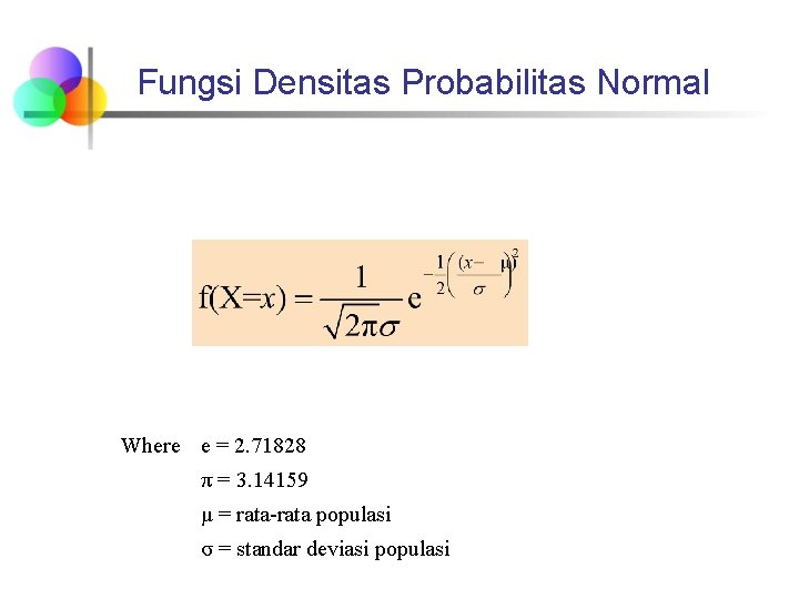 Fungsi Densitas Probabilitas Normal Where e = 2. 71828 π = 3. 14159 μ