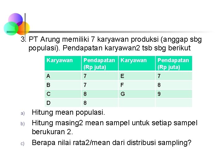 3. PT Arung memiliki 7 karyawan produksi (anggap sbg populasi). Pendapatan karyawan 2 tsb