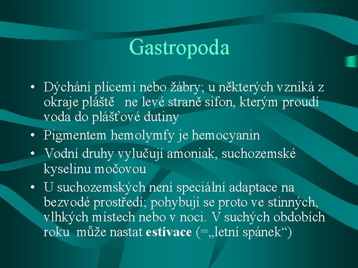 Gastropoda • Dýchání plícemi nebo žábry; u některých vzniká z okraje pláště ne levé