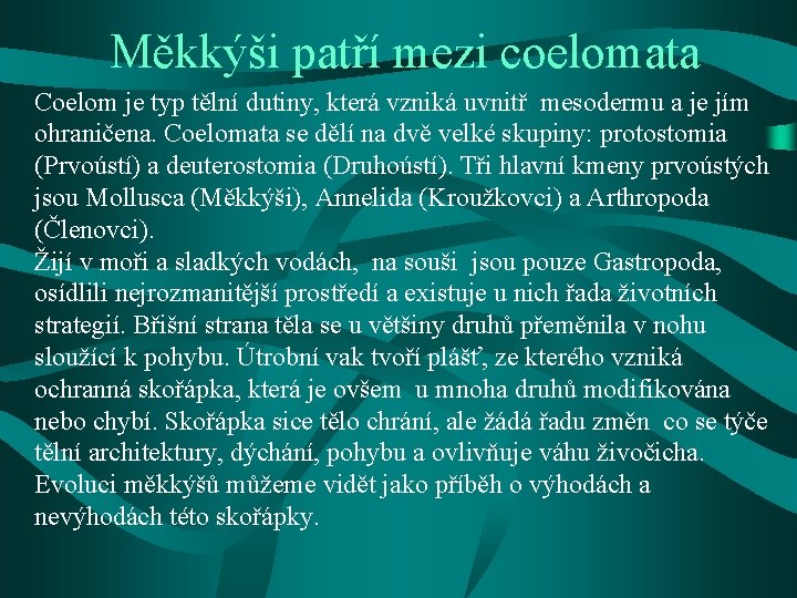 Měkkýši patří mezi coelomata Coelom je typ tělní dutiny, která vzniká uvnitř mesodermu a