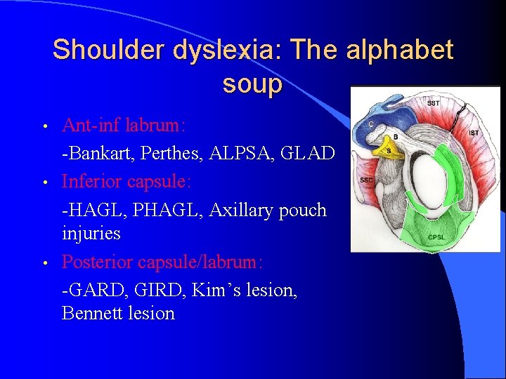 Shoulder dyslexia: The alphabet soup • • • Ant-inf labrum: -Bankart, Perthes, ALPSA, GLAD