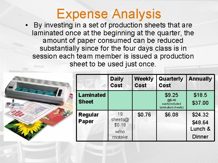 Expense Analysis • By investing in a set of production sheets that are laminated