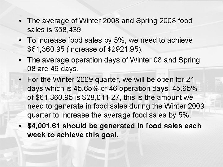  • The average of Winter 2008 and Spring 2008 food sales is $58,