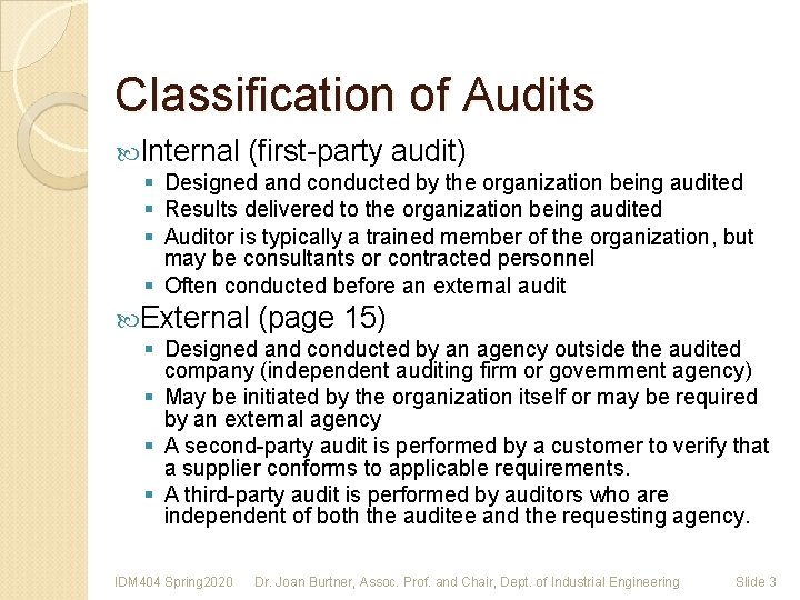 Classification of Audits Internal (first-party audit) § Designed and conducted by the organization being