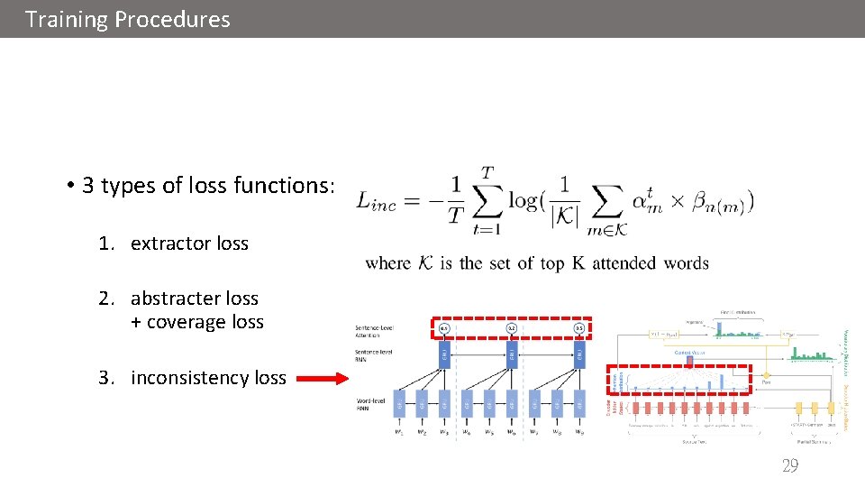 Training Procedures • 3 types of loss functions: 1. extractor loss 2. abstracter loss