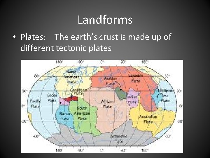 Landforms • Plates: The earth’s crust is made up of different tectonic plates 