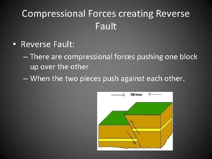 Compressional Forces creating Reverse Fault • Reverse Fault: – There are compressional forces pushing