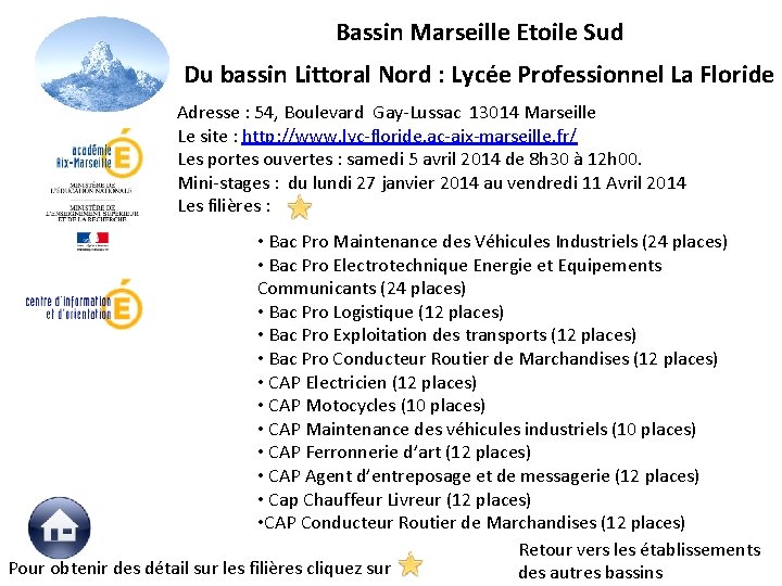 Bassin Marseille Etoile Sud Du bassin Littoral Nord : Lycée Professionnel La Floride Adresse