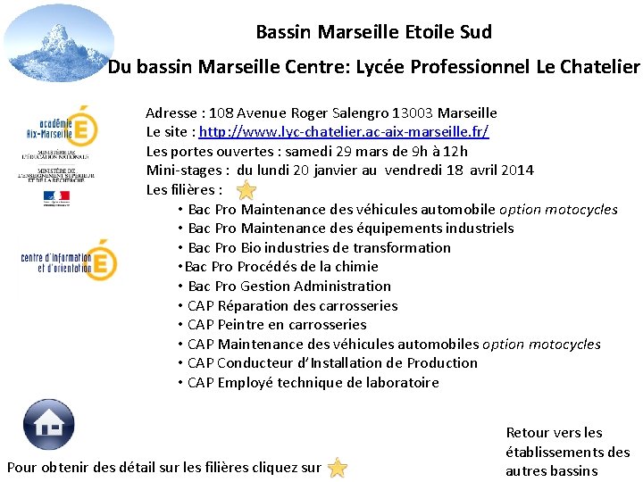 Bassin Marseille Etoile Sud Du bassin Marseille Centre: Lycée Professionnel Le Chatelier Adresse :