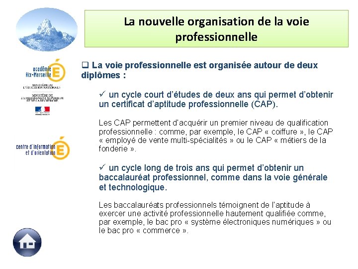 La nouvelle organisation de la voie professionnelle q La voie professionnelle est organisée autour