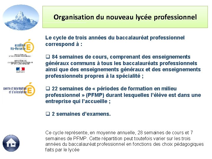 Organisation du nouveau lycée professionnel Le cycle de trois années du baccalauréat professionnel correspond