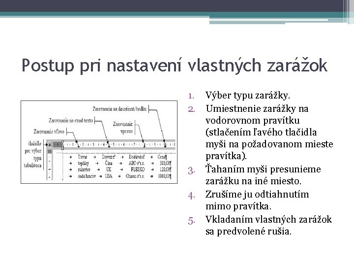 Postup pri nastavení vlastných zarážok 1. Výber typu zarážky. 2. Umiestnenie zarážky na vodorovnom