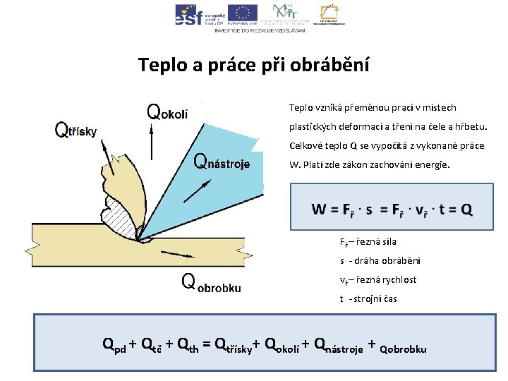 Teplo a práce při obrábění Teplo vzniká přeměnou prací v místech plastických deformací a