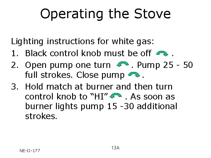 Operating the Stove Lighting instructions for white gas: 1. Black control knob must be