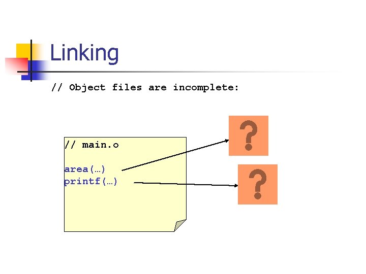 Linking // Object files are incomplete: // main. o area(…) printf(…) 