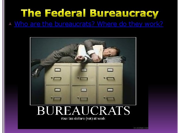 The Federal Bureaucracy Who are the bureaucrats? Where do they work? 