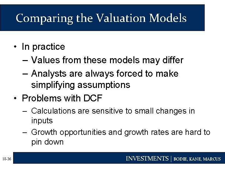 Comparing the Valuation Models • In practice – Values from these models may differ