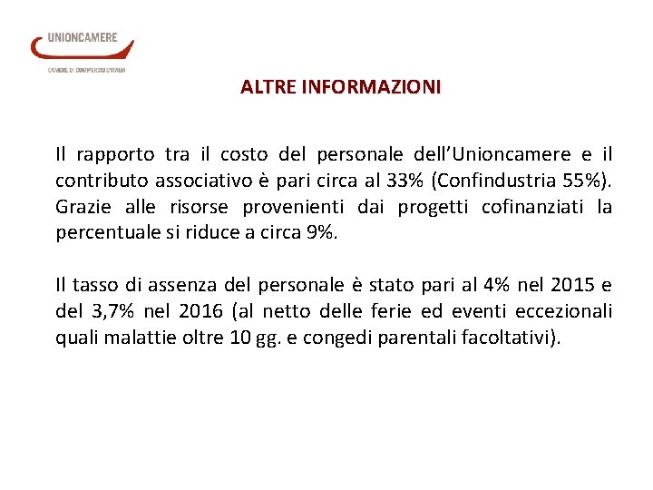 ALTRE INFORMAZIONI Il rapporto tra il costo del personale dell’Unioncamere e il contributo associativo