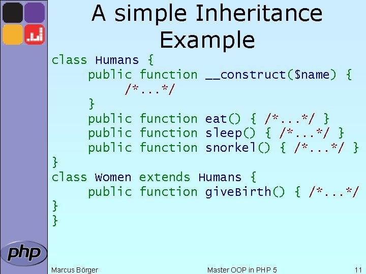 A simple Inheritance Example class Humans { public function __construct($name) { /*. . .
