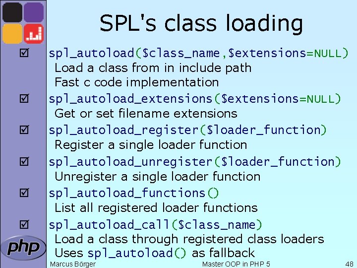 SPL's class loading þ þ þ spl_autoload($class_name, $extensions=NULL) Load a class from in include