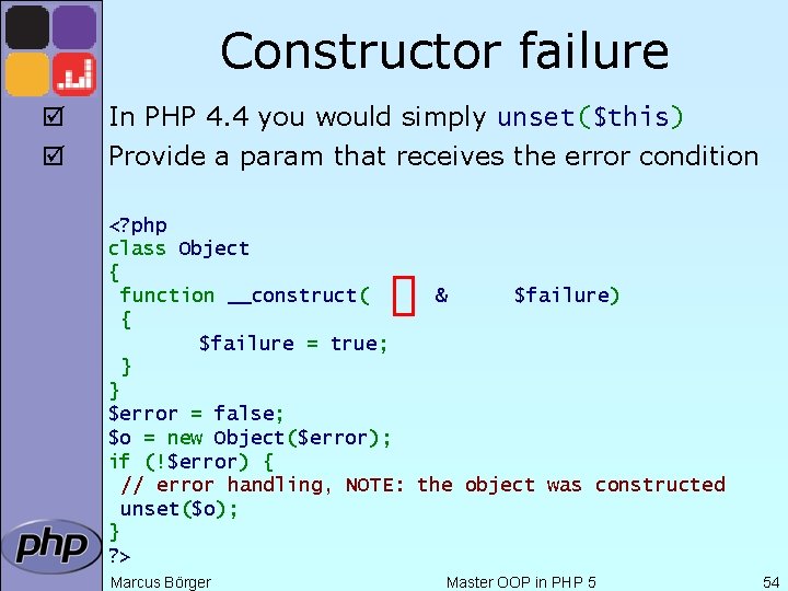 Constructor failure þ þ In PHP 4. 4 you would simply unset($this) Provide a