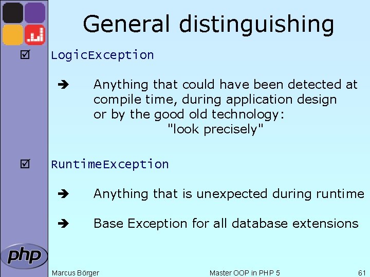 General distinguishing þ Logic. Exception þ Anything that could have been detected at compile