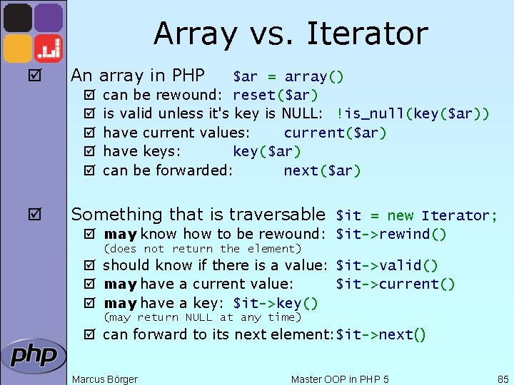 Array vs. Iterator þ An array in PHP þ þ þ $ar = array()