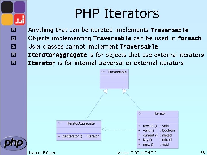 PHP Iterators þ þ þ Anything that can be iterated implements Traversable Objects implementing