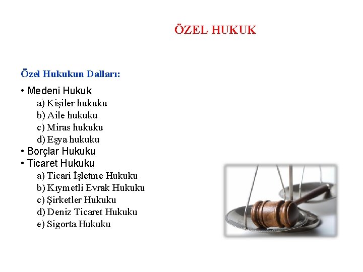 ÖZEL HUKUK Özel Hukukun Dalları: • Medeni Hukuk a) Kişiler hukuku b) Aile hukuku