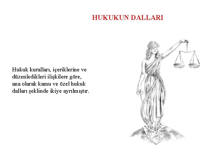 HUKUKUN DALLARI Hukuk kuralları, içeriklerine ve düzenledikleri ilişkilere göre, ana olarak kamu ve özel