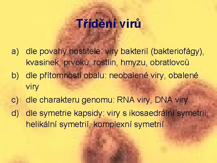 Třídění virů a) dle povahy hostitele: viry bakterií (bakteriofágy), kvasinek, prvoků, rostlin, hmyzu, obratlovců