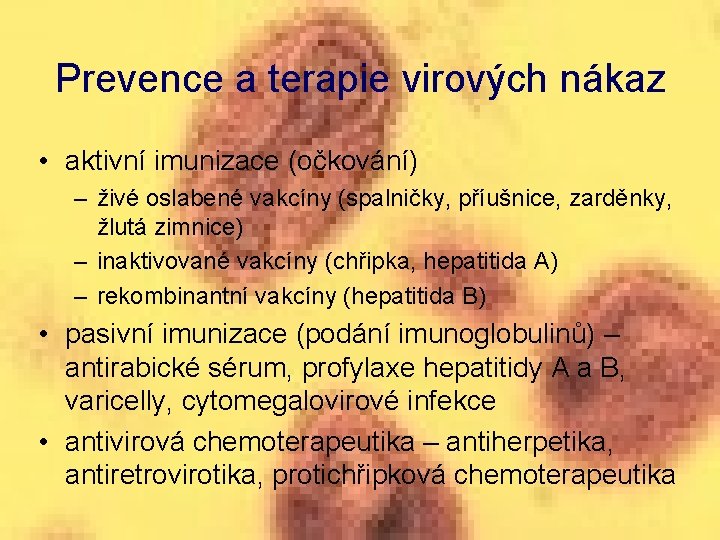 Prevence a terapie virových nákaz • aktivní imunizace (očkování) – živé oslabené vakcíny (spalničky,