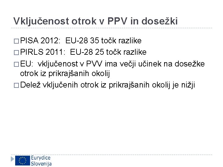 Vključenost otrok v PPV in dosežki � PISA 2012: EU-28 35 točk razlike �