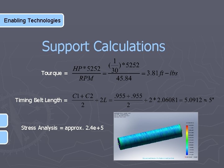 Enabling Technologies Support Calculations Tourque = Timing Belt Length = Stress Analysis = approx.