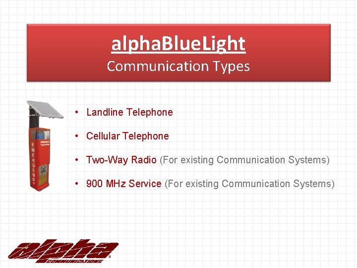 alpha. Blue. Light Communication Types • Landline Telephone • Cellular Telephone • Two-Way Radio