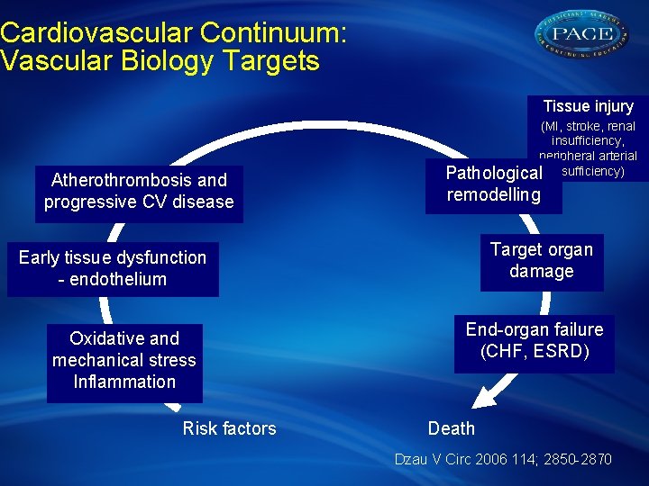 Cardiovascular Continuum: Vascular Biology Targets Tissue injury Atherothrombosis and progressive CV disease (MI, stroke,
