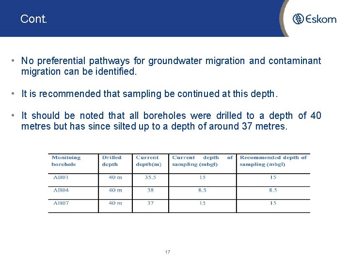 Cont. • No preferential pathways for groundwater migration and contaminant migration can be identified.